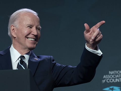 US President Joe Biden during the National Association of Counties legislative conference in Washington, DC, on February 12, 2024.
