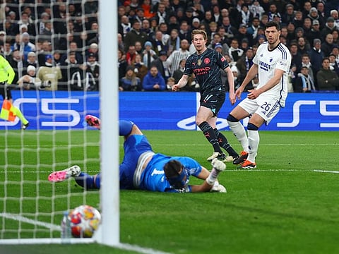 Manchester City's Kevin De Bruyne scores their first goal during the Uefa Champions League Round of 16 First Leg match against FC Copenhagen at Parken, Copenhagen, Denmark on Tuesday.
