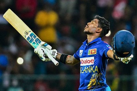Sri Lanka's Pathum Nissanka celebrates after scoring a century during the third and final ODI cricket match against Afghanistan at the Pallekele International Cricket Stadium in Kandy on Wednesday.