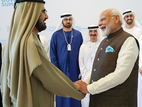 His Highness Sheikh Mohammed bin Rashid Al Maktoum, Vice President and Prime Minister of the UAE and Ruler of Dubai, on Wednesday meets with Narendra Modi, Prime Minister of India at the World Governments Summit (WGS) 2024 in Dubai on Wednesday.