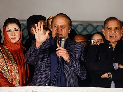 Nawaz Sharif is flanked by his daughter and politician Maryam and his brother Shehbaz at the party office of Pakistan Muslim League (N) at Model Town in Lahore. In a post shared on X, Maryam said Nawaz will not only participate in active politics for the next five years but also oversee the PML-N-led governments in Punjab and Centre.