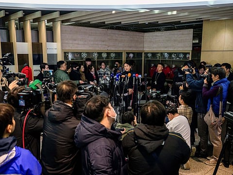 Hwangbo Kwan (centre) of the Korea Football Association's national team committee holds a press briefing at the Korea Football Association in Seoul on Thursday.