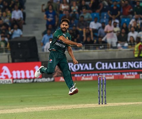 Pakistan bowler Haris Rauf celebrate the wicket of Sri Lankan batsman Wanindu Hasaranga in the Asia Cup final at Dubai International cricket stadium last year.