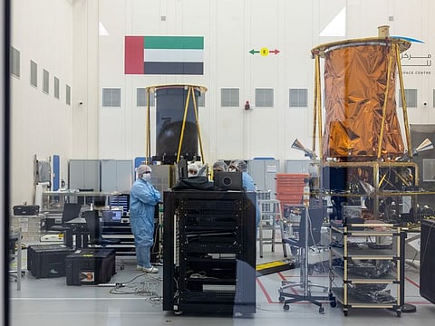 MBRSC staff working on fully assembled MBZ satellite to be launched mid 2024. which was reveiled to the media for the first time. Photo: Virendra Saklani/Gulf News