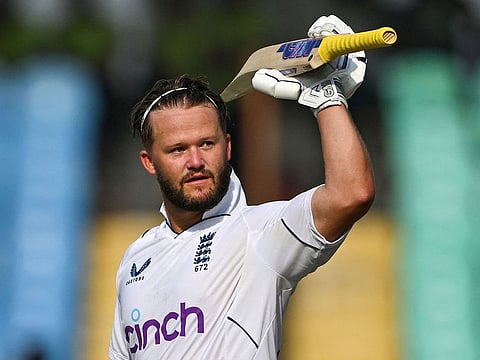 England's Ben Duckett celebrates after crossing his century during the second day of the third Test against India at Rajkot on Friday.