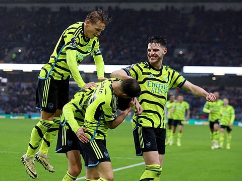 Arsenal's Kai Havertz celebrates scoring their fifth goal with Martin Odegaard, Cedric Soares and Declan Rice during a Premier League match against Burnley on Saturday.