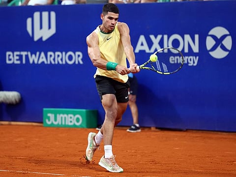Spain's Carlos Alcaraz plays a backhand return to Chile's Nicolas Jarry during the ATP 250 Argentina Open semi-final in Buenos Aires on Saturday.