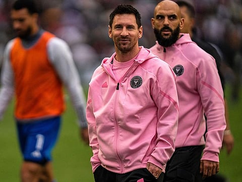 Inter Miami's Lionel Messi, center, looks on after the first half of the friendly football match between Hong Kong Team and US Inter Miami CF at the Hong Kong Stadium in Hong Kong, Sunday, Feb. 4, 2024 (File photo)