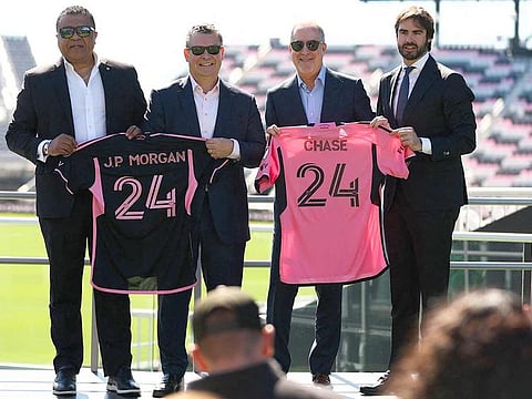 Divisional Director of Chase George Acevedo, Managing Director of Chase Alfred Bunge, Co-Owner of Inter Miami CF Jorge Mas, and Chief Business Officer of Inter Miami CF Xavier Asensi pose for a photo after announcing a new partnership at Chase Stadium on February 20, 2024 in Fort Lauderdale, Florida.