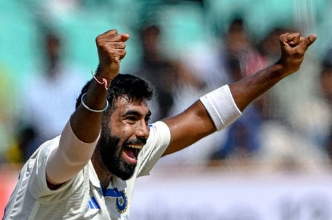 India's Jasprit Bumrah successfully appeals for LBW against England's Zak Crawley during the fourth day of the third Test at the Niranjan Shah Stadium in Rajkot on February 18.
