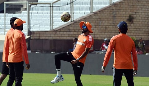 India's Mohammed Siraj and others during a practice session ahead of the fourth Test against England at JSCA stadium in Ranchi on Thursday.