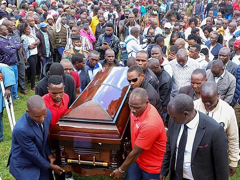 Pallbearers carry the coffin of Kenya's marathon world record holder Kelvin Kiptum who died in a road accident, in Chepkorio village, Elgeyo-Marakwet County, Kenya February 22, 2024.