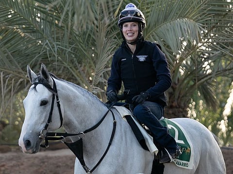 White Abarrio’s regular exercise rider Emily Ellingwood going through the paces ahead of the Saudi Cup.