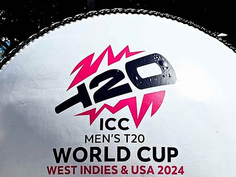 A giant cricket ball is seen installed at a marketplace to mark 100 days to go for the ICC Men’s T20 World Cup in Miami, Florida, on February 22, 2024.