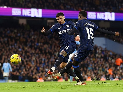 Chelsea's Nicolas Jackson and Enzo Fernandez in action during a Premier League against Manchester City at Etihad Stadium.
