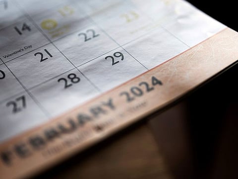 A calendar shows the month of February, including leap day, Feb. 29.