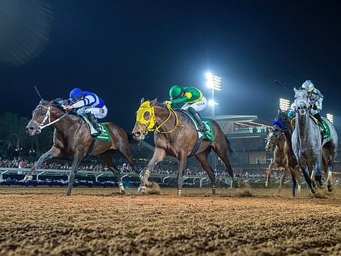 American horse Senor Buscador (blue silks), ridden by Junior Alvarado, wins the $20m The Saudi Cup at King Abdulaziz Racecourse in Riyadh on Saturday.