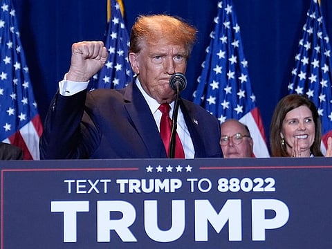 Republican presidential candidate former President Donald Trump speaks at a primary election night party at the South Carolina State Fairgrounds in Columbia, S.C., Saturday, Feb. 24, 2024 .