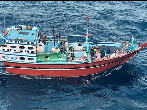 US military's Central Command shows what it is described as the vessel that carried Iranian-made missile components bound for Yemen's Houthi in the Arabian Sea.