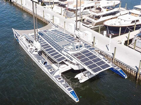 A view of the Energy Observer, the first hydrogen-powered, zero-emission vessel to be self-sufficient in energy, while moored at Pier Sixty Six Marina in Fort Lauderdale, Florida.