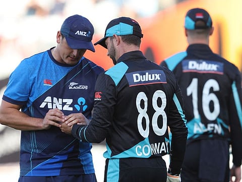 New Zealands Devon Conway leaves the field after picking up an injury during the second Twenty20 international cricket match against Australia at Eden Park in Auckland on February 23.
