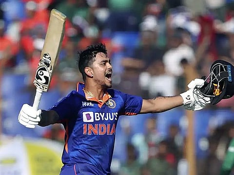 India's Ishan Kishan celebrates after completing his double century during the third ODI match against Bangladesh in 2022.