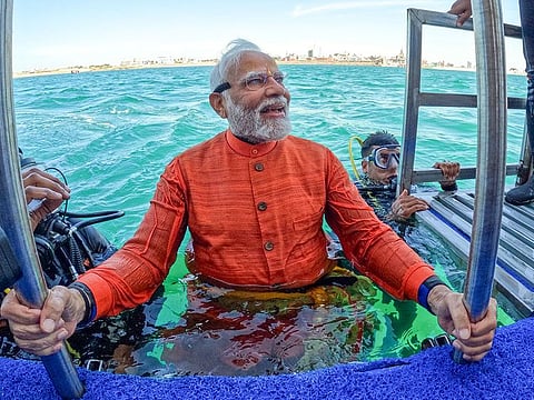 India's Prime Minister Narendra Modi experiences underwater deep-sea diving, in Dwarka