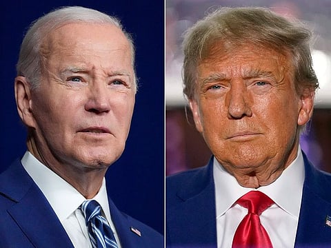 President Joe Biden, left, speaks on Aug. 10, 2023, in Salt Lake City, and former President Donald Trump speaks on June 13, 2023, in Bedminster, N.J.