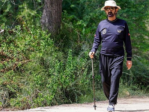 Embracing the pleasant winter climate, Sheikh Mohammed relished the serene ambiance of Dubai's oldest park as he embarked on a hiking expedition along its mountainous trail.