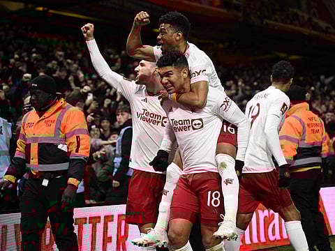 Manchester United's Brazilian midfielder Casemiro celebrates scoring the opening goal during the FA Cup fifth round football match against Nottingham Forest.
