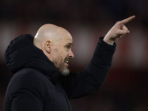 Manchester United manager Erik ten Hag celebrates after winning the match against Nottingham Forest.