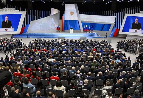 Russian President Vladimir Putin delivers his annual state of the nation address at the Gostiny Dvor conference centre in central Moscow on February 29, 2024.