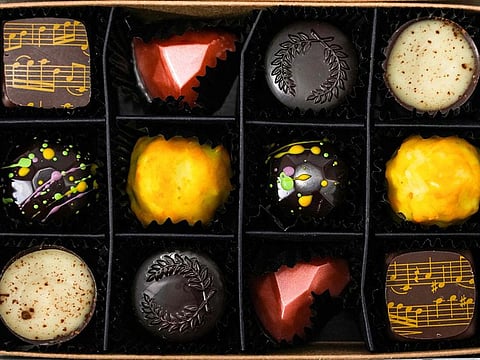 Vegan chocolates created in honour of the movies Maestro, Barbie, The Holdovers, Poor Thing, Killers of the Flower Moon and Oppenheimer.