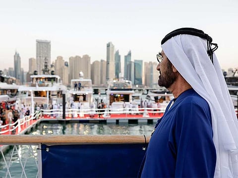 His Highness Sheikh Mohammed bin Rashid Al Maktoum, Vice President and Prime Minister of the UAE and Ruler of Dubai, visits the 30th edition of the Dubai International Boat Show, the largest and most established marine lifestyle show in the Middle East, being organised by the Dubai World Trade Centre at Dubai Harbour.