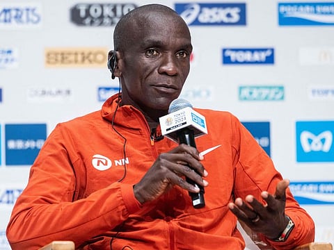 Kenyas Eliud Kipchoge speaks during a press conference for the upcoming Tokyo Marathon 2024 in Tokyo on Friday.