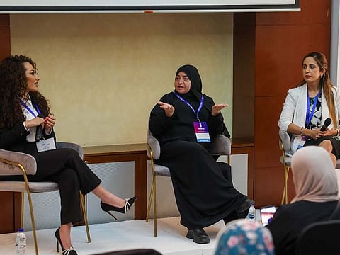 Dr Gihan Fradi, Principal, Ignite Schools, Majd Hussain, Principal, American School of Creative Science, Maliha Road, and Jasmit Kang, Principal Glendale Internaltion School, at a panel discussion at Gulf News Edufair Schools & Nurseries