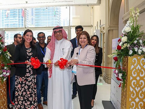 Abdul Hamid Ahmad, CEO and Editor-in-Chief of Gulf News,  inaugurates Gulf News Edufair Schools and Nurseries along with Aminah Evans, Assistant Principal and Head of Foundation Stage at Hartland International School (left), and Wedad Saada, Director of Ignite School