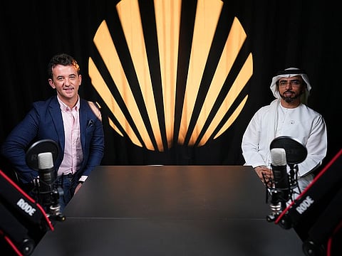 Mohammed Saeed Al Raqbani (right), Head of the Sustainability Committee at Dubai Investments and the General Manager of Dubai Investments Industries and Masharie, with the host of the podcast series, Lachlan Kitchen