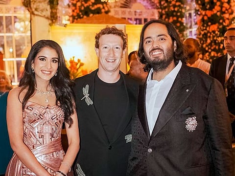 Mark Zuckerberg, with billionaire industrialist Mukesh Ambani's son Anant Ambani, right, and Radhika Merchant at their pre-wedding bash in Jamnagar, India.
