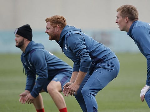 England's Jonny Bairstow, Ben Duckett and Zak Crawley during practice at the Himachal Pradesh Cricket Association Stadium, Dharamsala, on Tuesday.