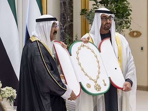 UAE President His Highness Sheikh Mohamed bin Zayed Al Nahyan today awarded His Highness Sheikh Mishal Al-Ahmad Al-Jaber Al-Sabah, Emir of the State of Kuwait, the Order of Zayed.