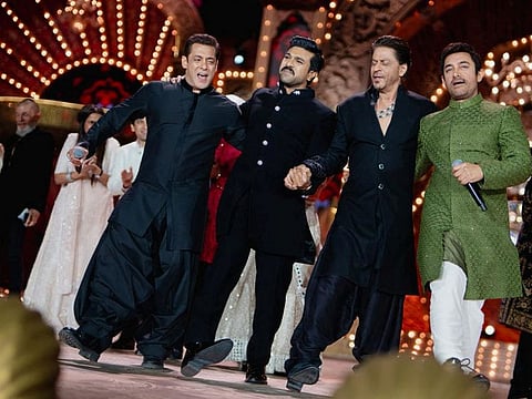 Actors Salman Khan, Ram Charan, Shah Rukh Khan and Aamir Khan perform during the pre-wedding celebrations of Anant Ambani, son of Mukesh Ambani, the Chairman of Reliance Industries, and Radhika Merchant, daughter of industrialist Viren Merchant, in Jamnagar, Gujarat, India, March 2, 2024