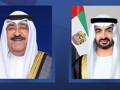 UAE President His Highness Sheikh Mohamed bin Zayed Al Nahyan, right, and His Highness Sheikh Mishal Al-Ahmad Al-Jaber Al-Sabah, Emir of the State of Kuwait.