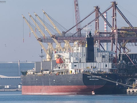 A view shows Barbados-flagged bulk carrier vessel True Confidence, in Ravenna, Italy, on March 10, 2022.