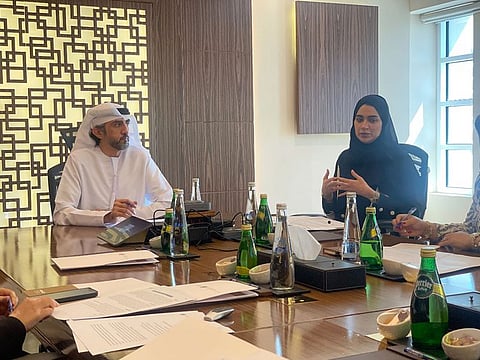 Mohammed Naqi, Director of Non-Benefit Public Associations Department and Mona Khalil, Director of Government Communications Department, at the press conference held by Ministry of Community Development in Dubai on Wednesday.