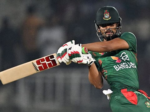 Bangladesh's Najmul Hossain Shanto pulls one to the fence during the second Twenty20 international cricket match against Sri Lanka at the Sylhet International Cricket Stadium on Wednesday.