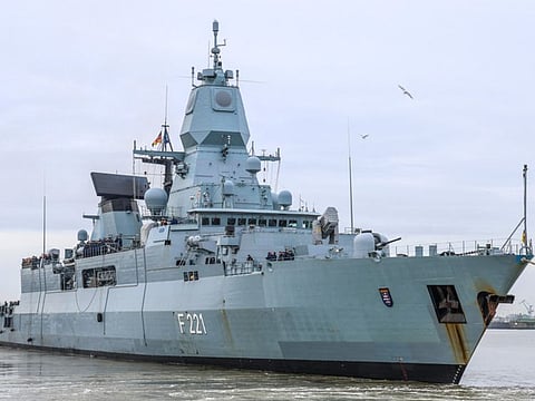 (FILES) The frigate F 221 Hessen of the German Bundesmarine navy leaves its home port Wilhelmshaven for the Mediterranean Sea on February 8, 2024. The German frigate sent to help secure merchant shipping in the Red Sea has successfully repelled an attack by Houthis.