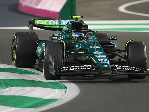Aston Martin's Spanish driver Fernando Alonso drives during the second practice session of the Saudi Arabian Formula One Grand Prix at the Jeddah Corniche Circuit on Thursday.