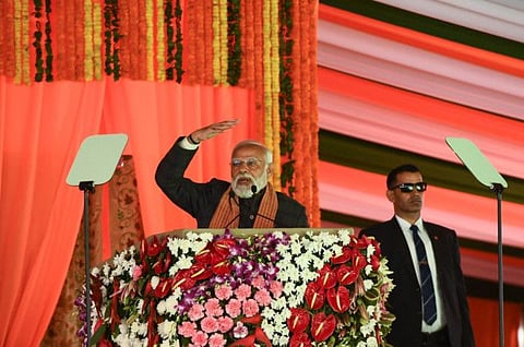 India’s Prime Minister Narendra Modi speaks during a rally at the Bakshi Stadium in Srinagar, on March 7, 2024.