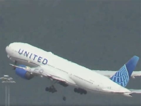 A tire is seen falling off the United Airlines plane after takeoff - from a screengrab of a video posted on X by RadarBox
